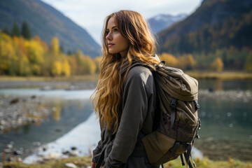 A woman travels in the mountains with a backpack.