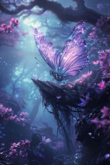 Magical creature with wings exploring otherworldly terrain under a breathtaking night sky.