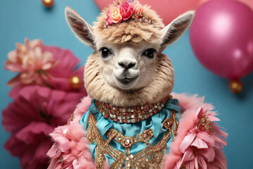 Alpaca in glamorous fashionable outfits on a bright background. Birthday invitation banner - obrazy, fototapety, plakaty