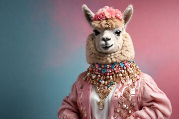 Naklejka premium Portrait of a cute alpaca wearing a headband and necklace