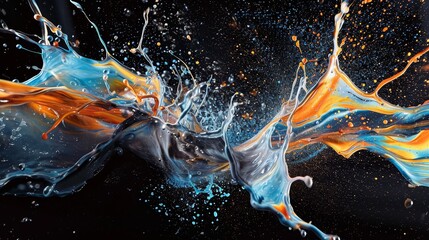 spurter, its liquid arcs forming an intricate dance frozen in time. The vibrant colors are reminiscentsplatter paintings, adding an artistic touch to the scientific subject matter.
