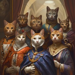 diverse assembly of feline ambassadors engaged in interstellar diplomacy. The composition, reminiscent of classic Renaissance group portraits, showcases the race's diplomatic prowess.  - obrazy, fototapety, plakaty
