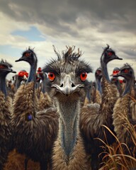 A humorous yet poignant photograph capturing a group of emus in a standoff against a mock military force, complete with makeshift emu soldiers donning tiny helmets. The image plays with the absurdity  - obrazy, fototapety, plakaty