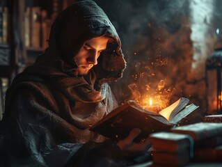 A man in robe and hood reading magical book, wizard. A Keen Sense of Spell - obrazy, fototapety, plakaty