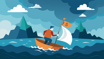 Fototapeta premium A person sails on a boat across a choppy sea using a map labeled Budgeting to guide them towards an island labeled Financial Freedom. Stormy