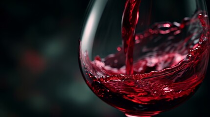 A lavish shot of a perfectly poured glass of vintage red wine, with the liquid swirling in the glass, emphasizing the wine's color and depth. The image evokes the luxurious ritual 