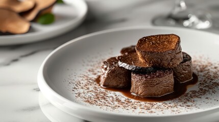 luxurious truffle-infused dish served on fine china in an upscale restaurant. The presentation exudes sophistication, with the truffle slices arranged meticulously to enhance both visual appeal 
