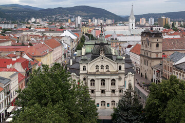 Aerial view of the city's central street with the theater building in the foreground in the city of Kosice, Slovakia