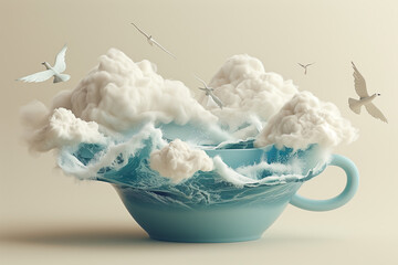 Ocean or sea in cup with clouds and fly birds on a white background, 3D creative, illustration