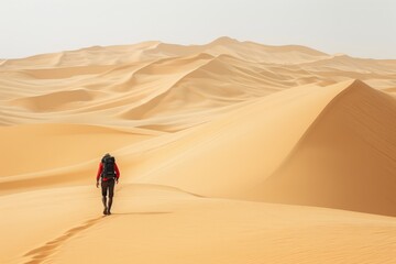Fototapeta na wymiar A lone traveler traversing a scorching desert landscape, mirage-like heatwaves distorting the horizon. The person weary expression and parched appearance emphasize the desperate need for hydration