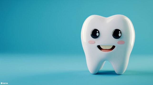 Cheerful cartoon molar tooth illustration emphasizing dental health and hygiene.