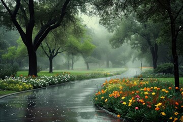 A lush park transformed into a watery dreamscape, where trees and flowers glisten with raindrops. A winding path, dotted with puddles, leads into the misty distance. The serene and moody atmosphere
