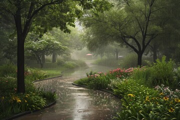 A lush park transformed into a watery dreamscape, where trees and flowers glisten with raindrops. A winding path, dotted with puddles, leads into the misty distance. The serene and moody atmosphere