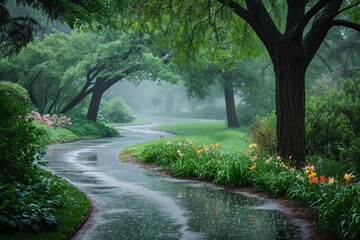 A lush park transformed into a watery dreamscape, where trees and flowers glisten with raindrops. A winding path, dotted with puddles, leads into the misty distance. The serene and moody atmosphere