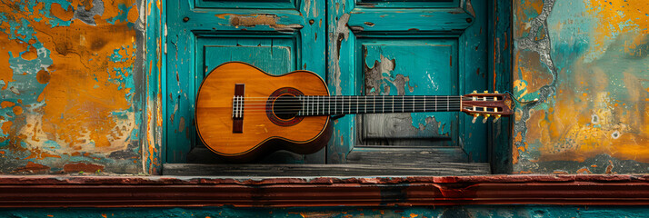 Brown acoustic guitar on wall,
Flamenco guitar resting against a traditional backdrop
