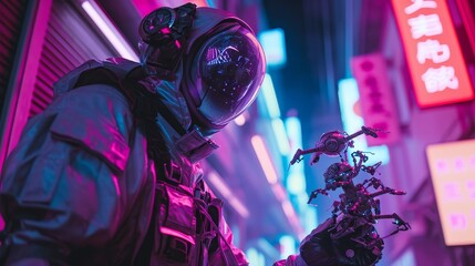 skilled exterminator in action, clad in a futuristic, insect-resistant suit, unleashing a swarm of robotic drones equipped with advanced technology to combat vermin. The scene is illuminated by neon
