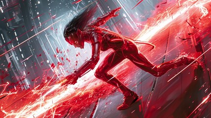 Scarlet Hero engaged in a fierce battle, surrounded by sizzling scarlet energy blasts. The hero's dynamic pose and flowing hair convey a sense of speed and agility.  - obrazy, fototapety, plakaty