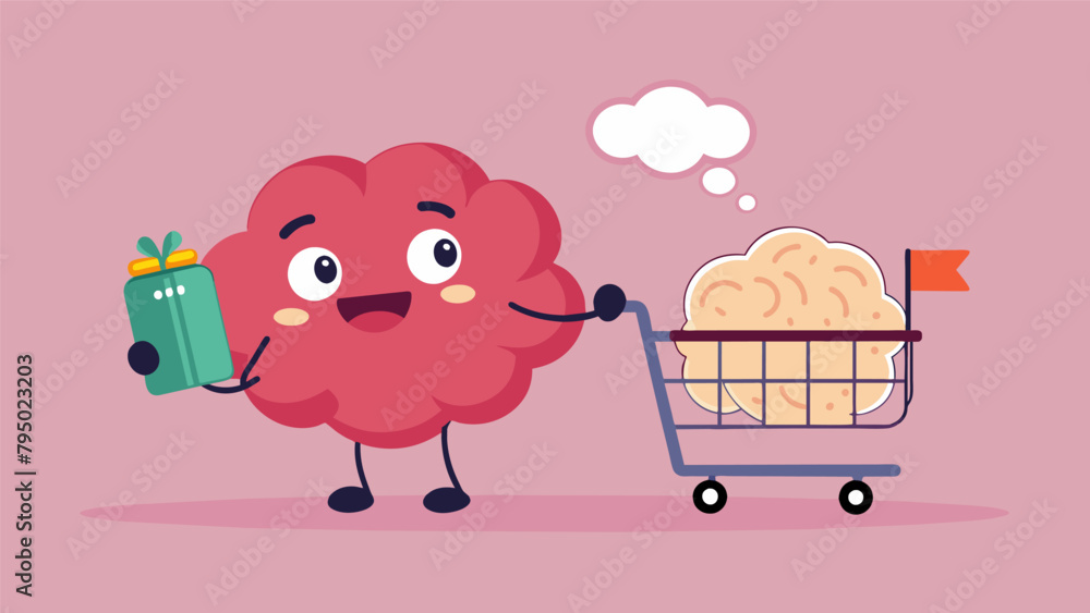 Poster a cartoon brain with one side labeled emotion and the other logic struggling over a shopping cart fi