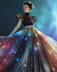 Model woman in a futuristic space-inspired gown, adorned with celestial motifs and a wide, iridescent belt accentuating the waist. The cosmic color palette and avant-garde design