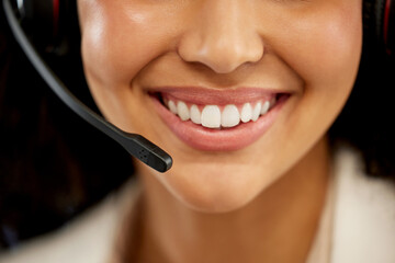 Closeup, woman and headphone for working in call center or customer care in office with smile and...
