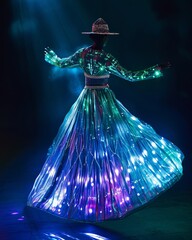 Model woman in a futuristic space-inspired gown, adorned with celestial motifs and a wide, iridescent belt accentuating the waist. The cosmic color palette and avant-garde design