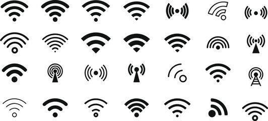 WIFI signal collection. Wireless internet symbol. Set of sign for connect of network. Bar of satellites for mobile, radio, computer. Hotspot, strength electronic wave from antenna for communication. V