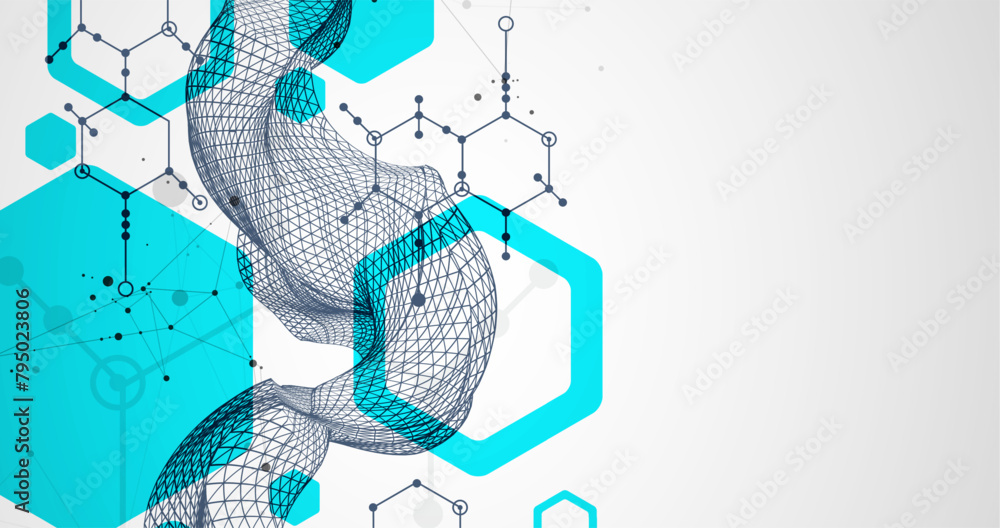 Aufkleber Scientific and technological background. Wireframe wave with hexagons of different types on a gray gradient.