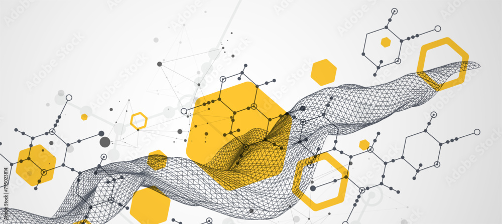 Leinwandbilder Scientific and technological background. Wireframe wave with hexagons of different types on a gray gradient.