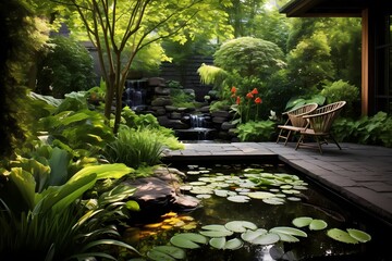 A tranquil backyard garden with a variety of plants, a small pond, and a bench for peaceful contemplation.