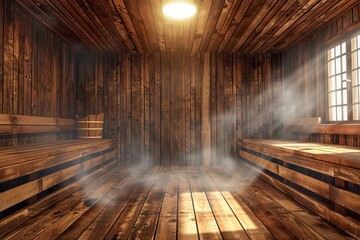 Light brown hardwood sauna with steam escaping through window