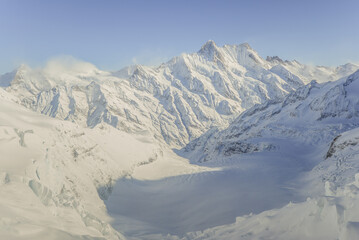 Landscape Views From Jungfrau Mountain Range And View Of The Large Aletsch Glacier Under Clear Sky,...