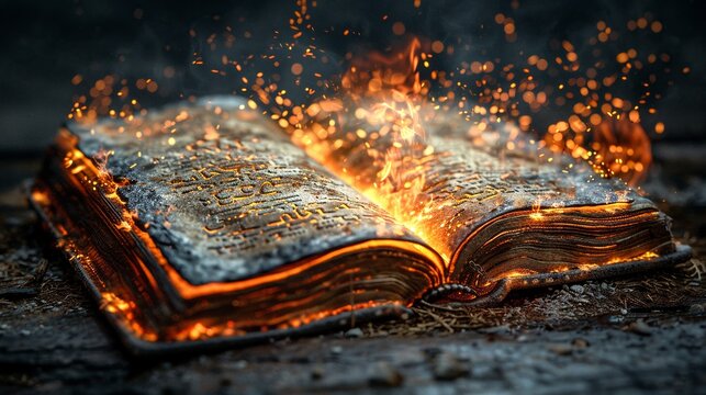 An old book with glowing pages and sparks flying out, placed on a wooden surface.