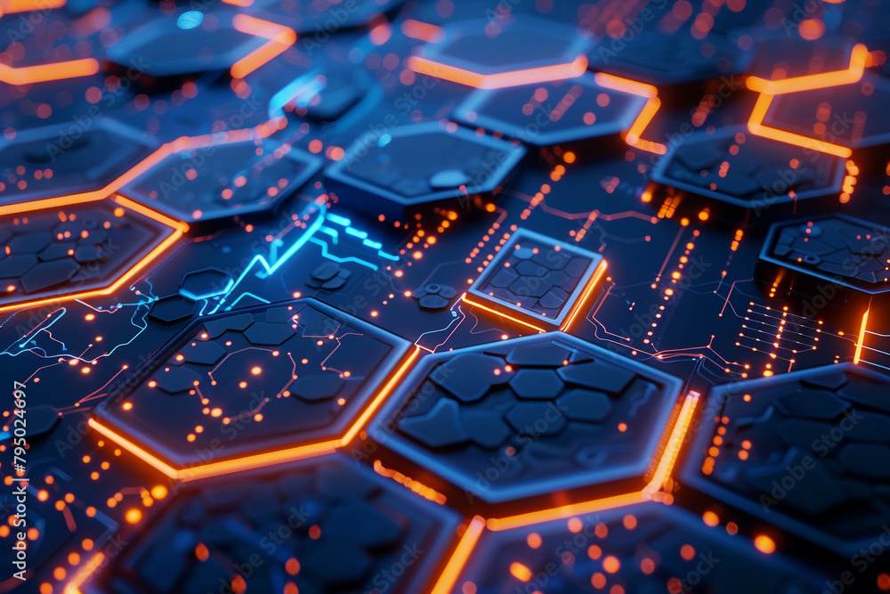Poster digital visualization of advanced cybernetic systems, a futuristic background of glowing networks an
