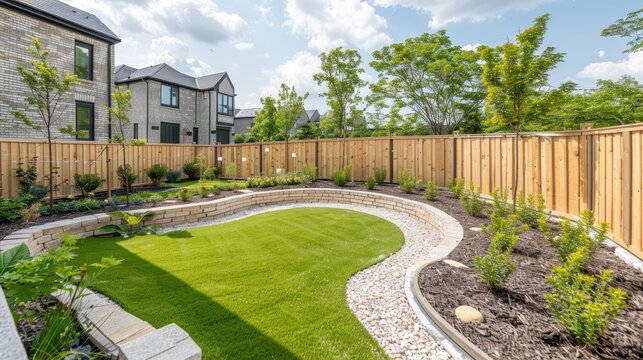 Newly installed wooden fence enclosing lush green lawn with verdant trees in the background