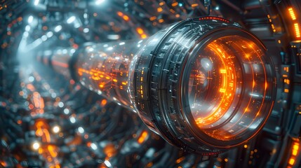 Futuristic Teleportation Capsule Bending Dimensions in a Glowing Cityscape