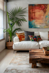 Cozy mix of Modern and Rustic Living Room Decor With Vibrant Artwork Centerpiece
