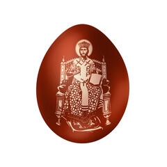 Naklejka premium Jesus the greatest Bishop sitting on the throne. Traditional Easter red egg in Byzantine style. Religious illustration isolated