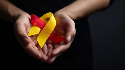 World hepatitis day. Adult hands holding red yellow ribbon on black background.