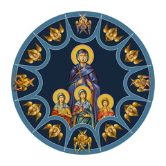 Naklejka premium Saint Sophia sky round dome with 4 apostles and seraphim. Illustration in Byzantine style isolated