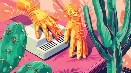 Female hands in rubber gloves with cactus and modern