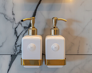 Hand dispenser for soap, shampoo. Set of bathroom dispenser group on marble white tile. 