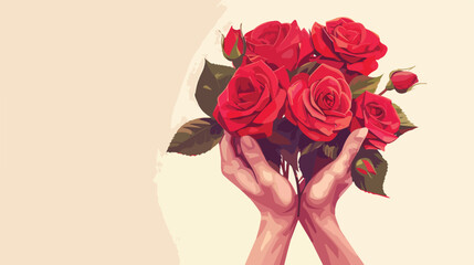 Female hands with bouquet of beautiful red roses on w
