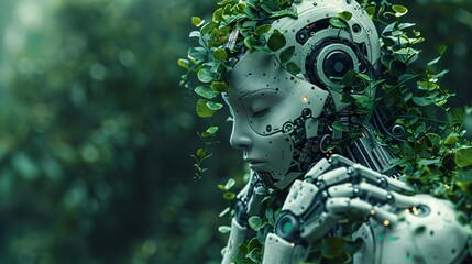 Fototapeta premium An image of a robot covered in vines and moss with its eyes closed.