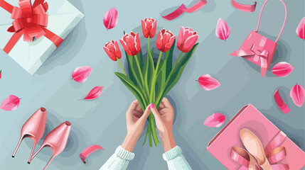 Female hands with bouquet of tulips gift shoe 