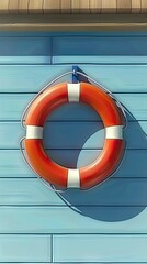 simple life ring, on blue wood wall background, red and white colors, minimalistic style