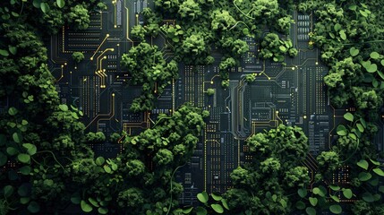Computer circuit board with trees and plants growing on it like a forest