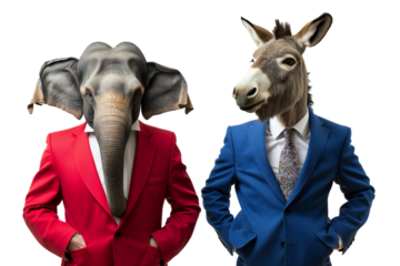 
an elephant in a red suit and a donkey in a blue suit, png object isolated on transparent background, mockup, design, template, layout, sticker
