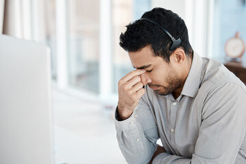 Man, call center and headache pain or telemarketing stress as overtime deadline, burnout or...