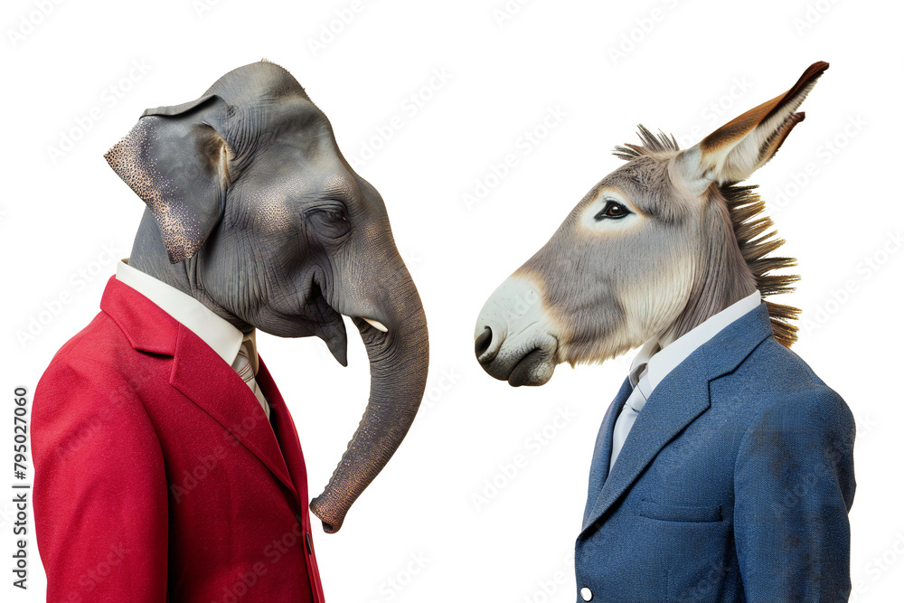 Wall mural 
an elephant in a red suit and a donkey in a blue suit, png object isolated on transparent background, mockup, design, template, layout, sticker - Wall murals