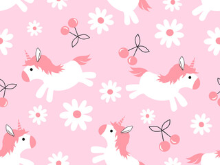 Seamless pattern with cute unicorn, daisy flower and cherry fruit on pink background vector. Cute childish print.